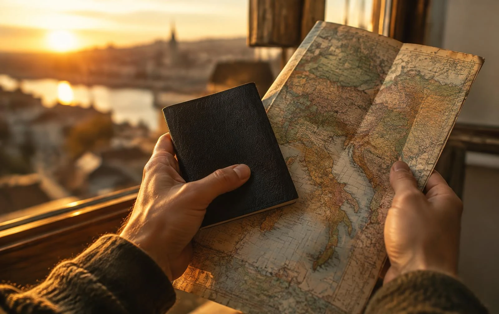 Hands holding a passport and vintage map